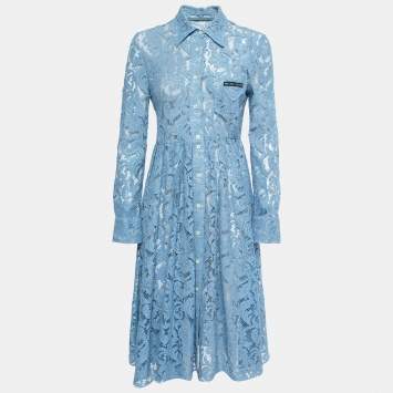 Pre Owned Prada Light Blue Floral Lace Shirt Midi Dress S