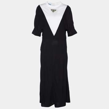 Pre Owned Prada Black Chiffon & Jersey Contrast Detail Midi Dress L