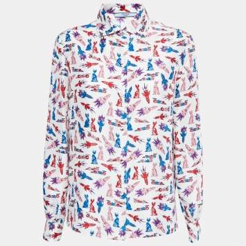 Pre Owned Prada White Rocket Rabbit Print Silk Shirt S