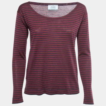 Pre Owned Prada Red/Blue Knit Long Sleeve Top XS