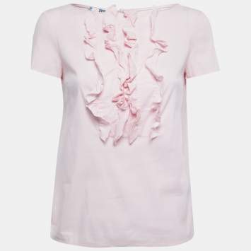 Pre Owned Prada Light Pink Stretch Cotton Ruffled Top S