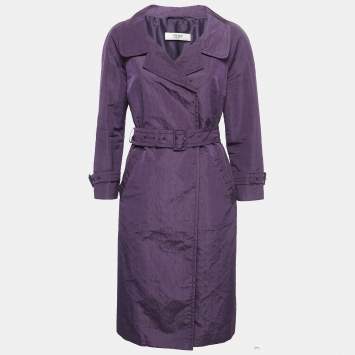مملوكة مسبقًا Prada Dark Purple Embossed Taffeta Belted Coat M