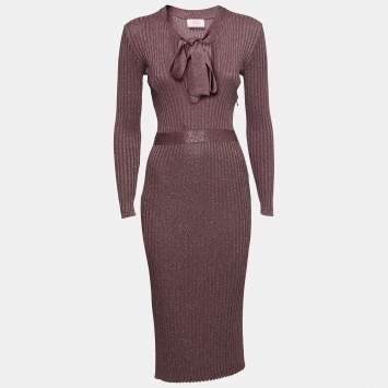 Pre Owned Prada Purple Lurex Stretch Rib Knit Midi Dress S