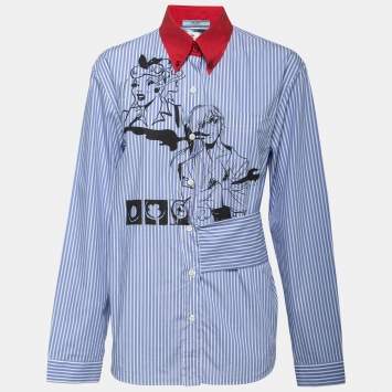 Pre Owned Prada Blue Striped Cotton Comic Printed Wrap Shirt M