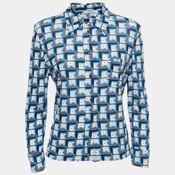 Pre Owned Prada Blue Floral Printed Jersey Button Front Shirt M