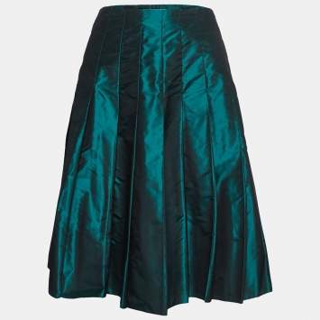 Pre Owned Prada Dark Green Taffeta Silk Pleated Midi Skirt M