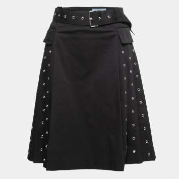 Pre Owned Prada Black Cotton Belted Pleated Skirt S