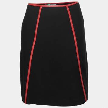 Pre Owned Prada Black Crepe Leather Trimmed Knee Length Skirt S