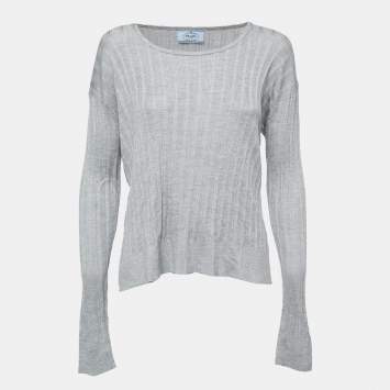 Pre Owned Prada Grey Stretch Knit Crew Neck Sweater M
