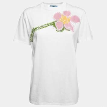 Pre Owned Prada White Flower Embroidered Cotton Half Sleeve T-Shirt S