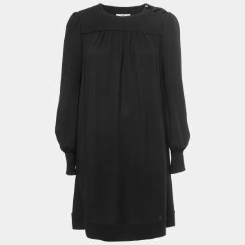 Pre Owned Prada Black Crepe Silk Long Sleeve Midi Dress S