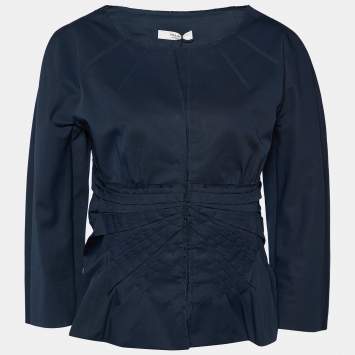Prada Navy Blue Gabardine Draped Detail Hook Front Jacket L