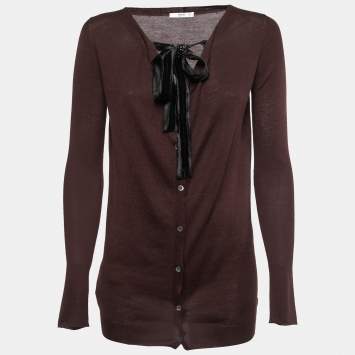 Pre Owned Prada Brown Silk & Cashmere Knit Embellished Tie Neck Detail Button Front Cardigan M