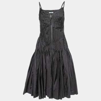 Pre Owned Prada Black Coated Nylon Pleated Zip Front Strappy Midi Dress XS