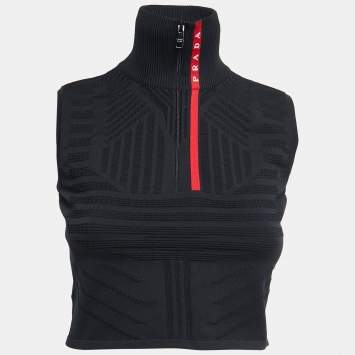 Pre Owned Prada Black Tech Rec Nylon Pique Sleeveless Cropped Top S