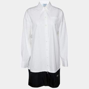 مملوكة مسبقًا Prada White Cotton & Contrast Re-Nylon Long Oversized Shirt S