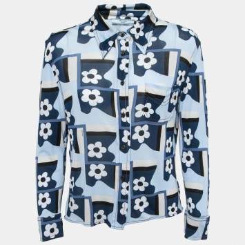 Pre Owned Prada Blue Flower Print Jersey Long Sleeve Button Front Shirt M