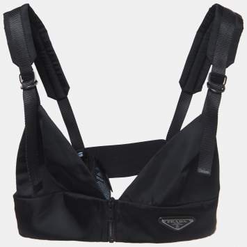Pre Owned Prada Black Nylon Zip Front Gabardine Bralette Top M