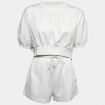 Pre Owned Prada White Logo Patterned Cotton Blend Knit T-Shirt Shorts Set S/L