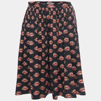 Pre Owned Prada Black Lips Print Cotton Gathered Knee Length Skirt M