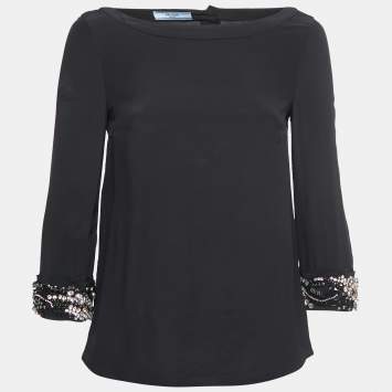 مملوكة مسبقًا Prada Black Silk Crystals Embellished Sleeve Detailed Blouse S