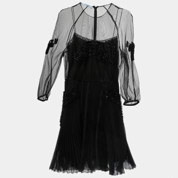 Pre Owned Prada Black Crystals Embellished Mesh Pleated Mini Dress  S