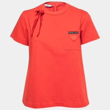 Pre Owned Prada Red Cotton Bow Detail A-Line Short Sleeve T-Shirt M