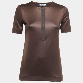Pre Owned Prada Brown Jersey Zip Front Short Sleeve Top S 