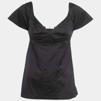 Pre Owned Prada Black Cotton Pleat Detail Cap Sleeve A-Line Top S