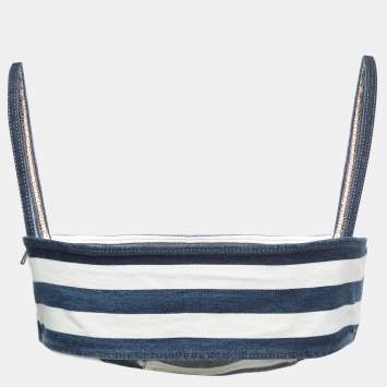 Pre Owned Prada Blue/White Striped Denim Logo Plaque Cropped Top S