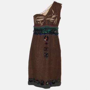 Pre Owned Prada Brown Wool Blend Embellished One Shoulder Mini Dress M