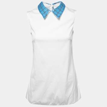 Pre Owned Prada White Cotton Sequined Collar Sleeveless Top S