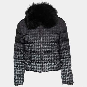 Pre Owned Prada Grey Houndstooth Printed Synthetic Fox Fur Collar Cropped Jacket S