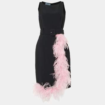 مملوكة مسبقًا Prada Black Crepe Contrast Feather Detail Belted Midi Dress M