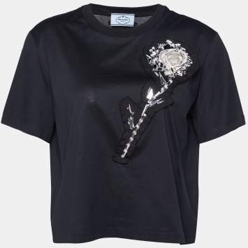 Pre Owned Prada Black Mirror Embellished Cotton Knit T-Shirt L