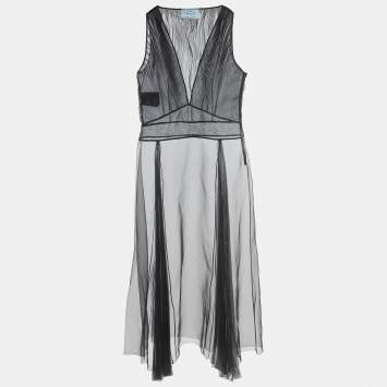 Pre Owned Prada Black Pleated Organza Sleeveless Maxi Dress S