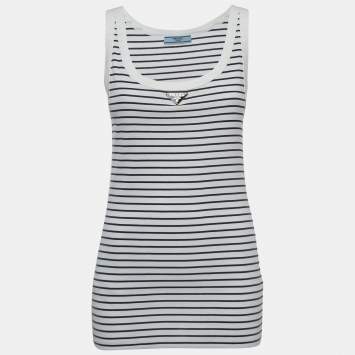 Pre Owned Prada White Striped Cotton Triangle Logo Detail Tank Top S