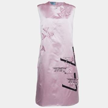Pre Owned Prada Pink Printed Silk Floral Applique Duchess Shift Dress XL
