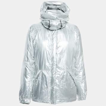 Pre Owned Prada Vintage Silver Nylon Detachable Hood Down Jacket M