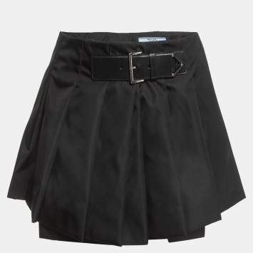 Pre Owned Prada Black Re-Nylon Belt Detail Pleated Mini Skirt XS