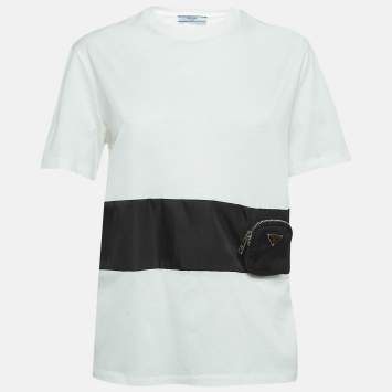 Pre Owned Prada White Cotton Knit Re-Nylon Pouch Docking T-Shirt L
