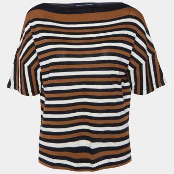 Pre Owned Prada Brown/Black Striped Cotton Knit Short Sleeve Top M