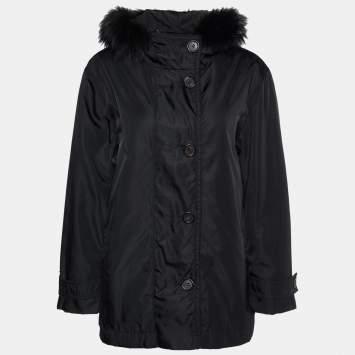Pre Owned Prada Black Nylon Fur Trimmed Hooded Jacket L