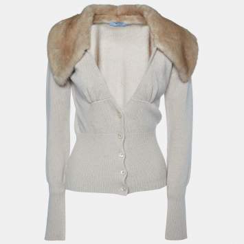 Pre Owned Prada Beige Wool & Cashmere Fur Trimmed Cardigan S