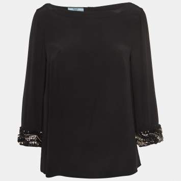 Pre Owned Prada Black Silk Decorative Cuff Detail Blouse M