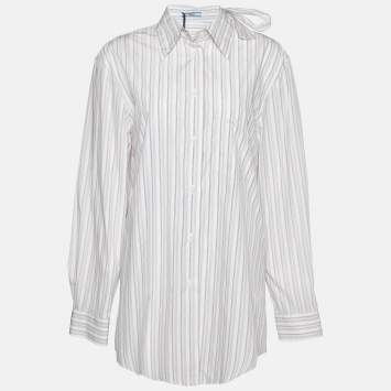 Pre Owned Prada White Striped Cotton Tie Neck Button Front Shirt M