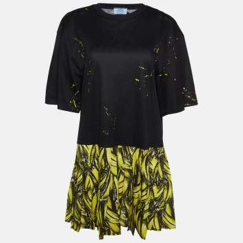 Pre Owned Prada Black Banana Print Cotton Peplum Dress M