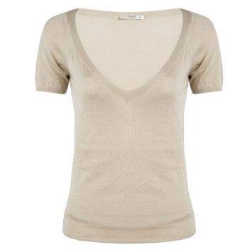 Pre Owned Prada Beige Knit V Neck Short Sleeve Sweater M