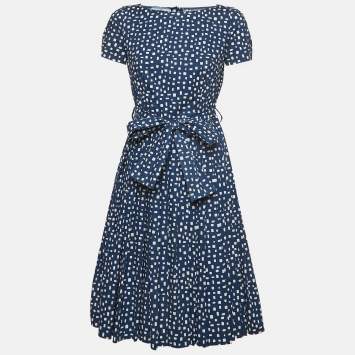 Pre Owned Prada Navy Blue Geometric Print Cotton Pleated Mini Dress S  