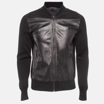 Pre Owned Prada Black Leather Trim Wool Zipper Jacket M